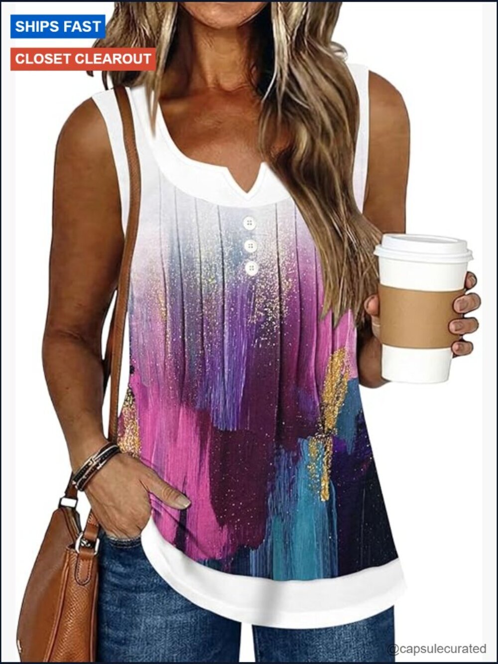Sleeveless Button Down Blouse Pleated Front Tank Top Summer Casual Loose Fit